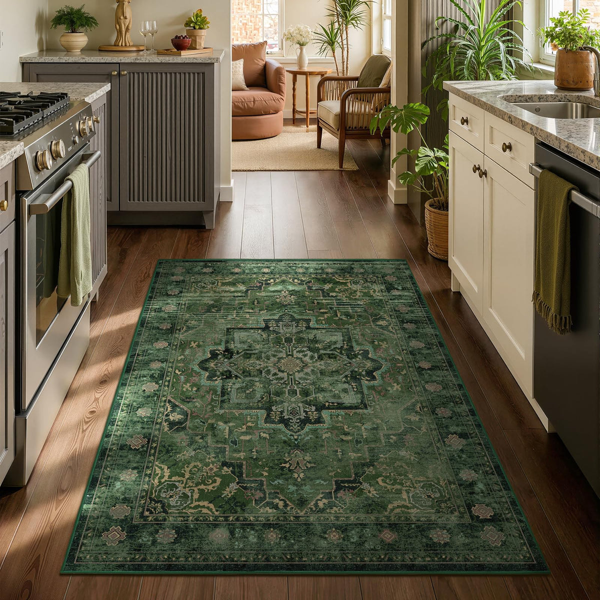 Vintage Dark Green Area Rugs 5x7 for Living Room, Tranditional Distressed Medallion Printed Low Pile Thin Rugs for Bedroom, Non Slip Washable Carpet Rugs for Dining Room/Kitchen/Home Office