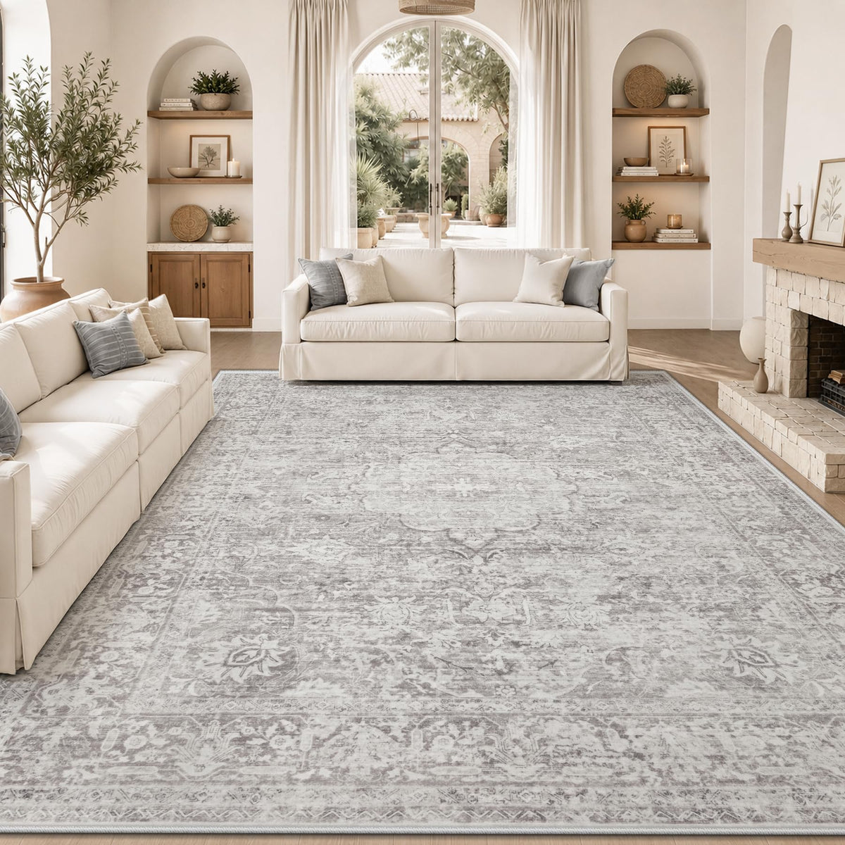 8x10 Area Rugs for Living Room: Washable Boho Vintage Floral Rug Large Soft Non-Slip Rugs Stain Resistant Low Pile Indoor Carpet for Bedroom Dining Room Nursery Home Office Beige