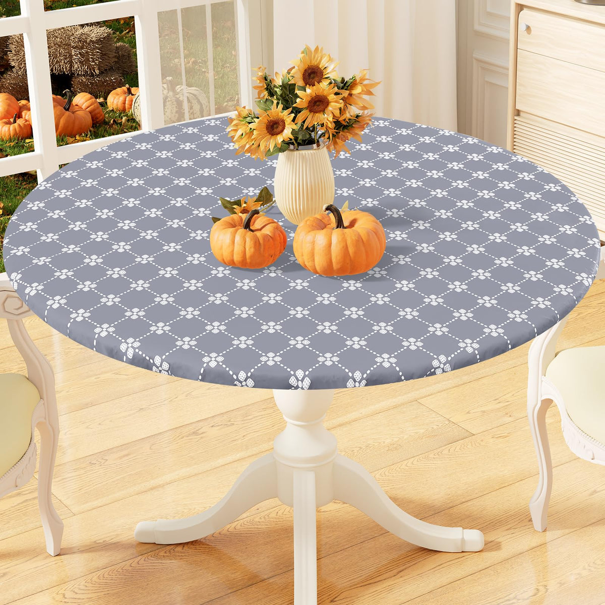 misaya Round Fitted Tablecloth with Elastic Edge, 100% Waterproof Oil Proof Plastic Table Cover, Vinyl Flannel Backed Tablecloth Fits 36"-44" Round Tables for Dinner, Outdoor, Picnic, Flowers