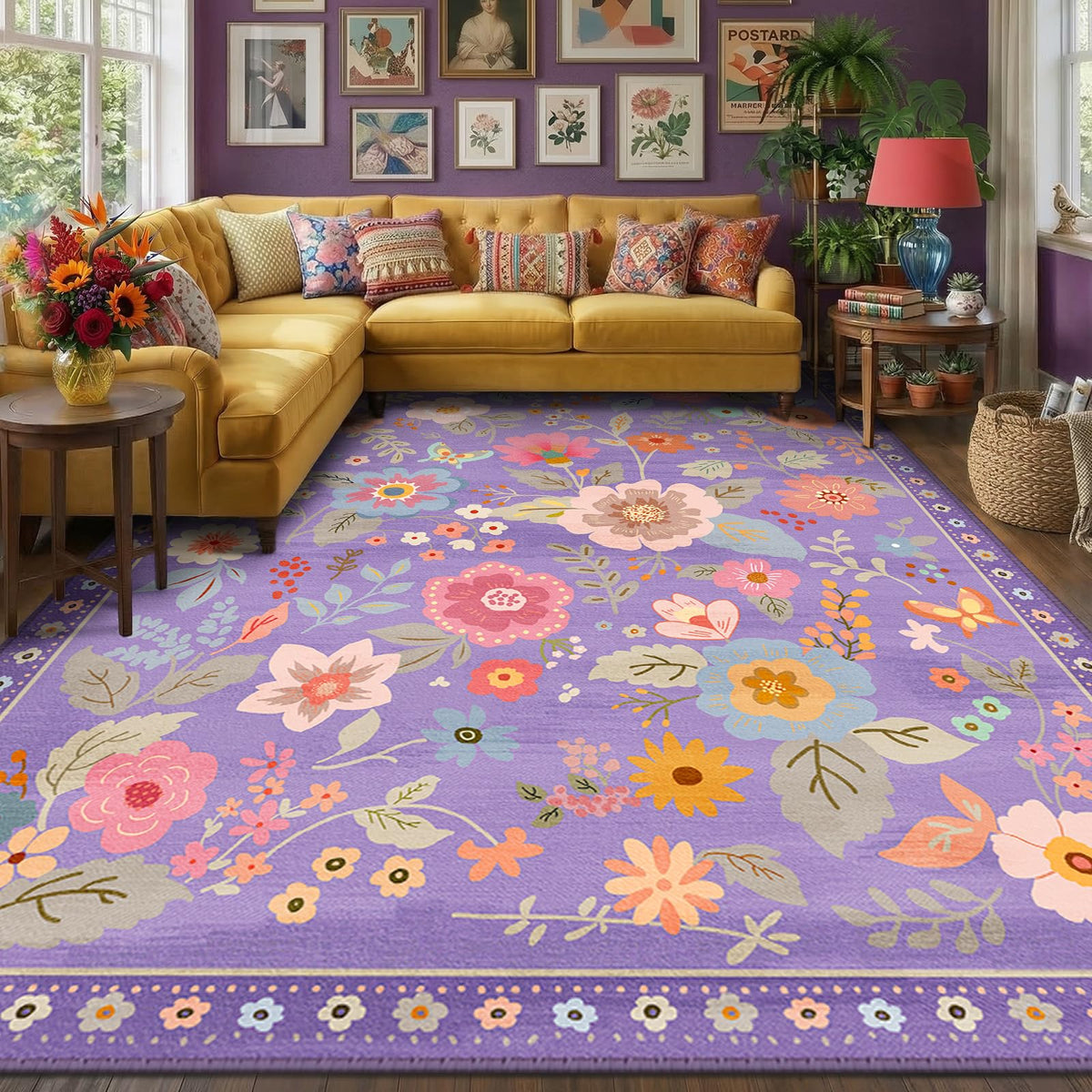 RELEANY Floral Washable 5x7 Area Rugs Black