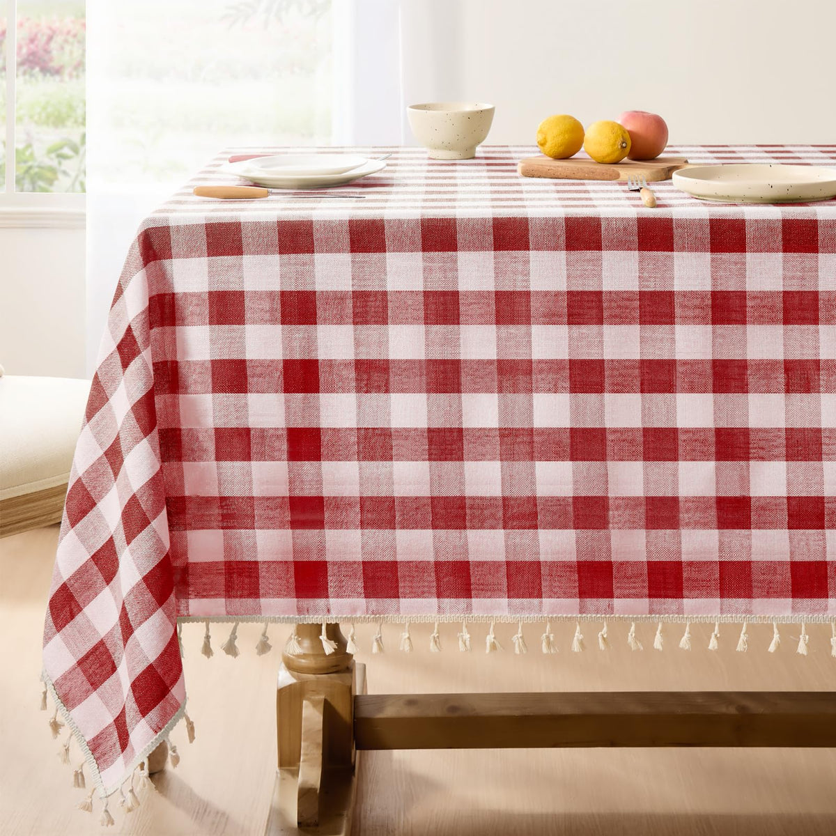 Softalker Gingham Rectangle Tablecloth with Tassel, Sage Green, 55" x 84"