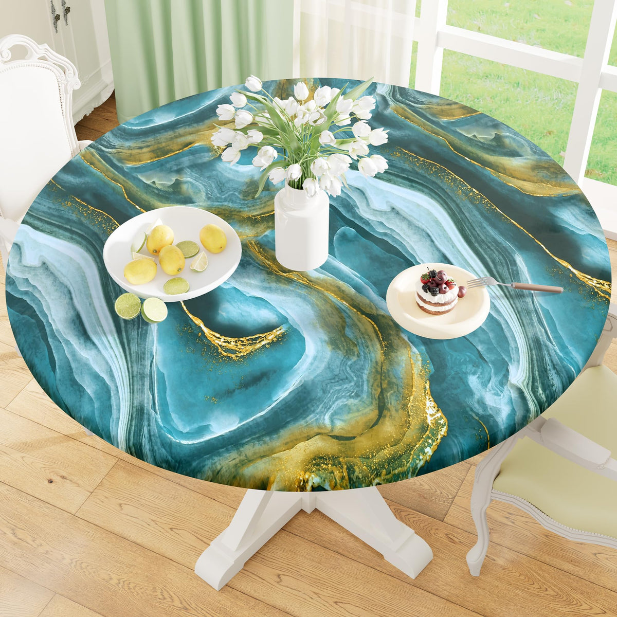 misaya Round Fitted Tablecloth with Elastic Edge, 100% Waterproof Oil Proof Plastic Table Cover, Vinyl Flannel Backed Tablecloth Fits 36"-44" Round Tables for Dinner, Outdoor, Picnic, Flowers