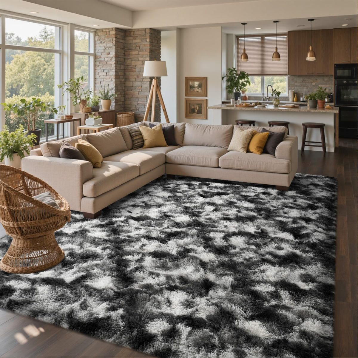 6x9 Ft Large Shag Rugs for Living Room Decor, Tie-Dyed Ultra Soft Fluffy Furry Area Rugs for Bedroom Indoor Floor, Aesthetic Carpet for Kids Home (Dark Grey)