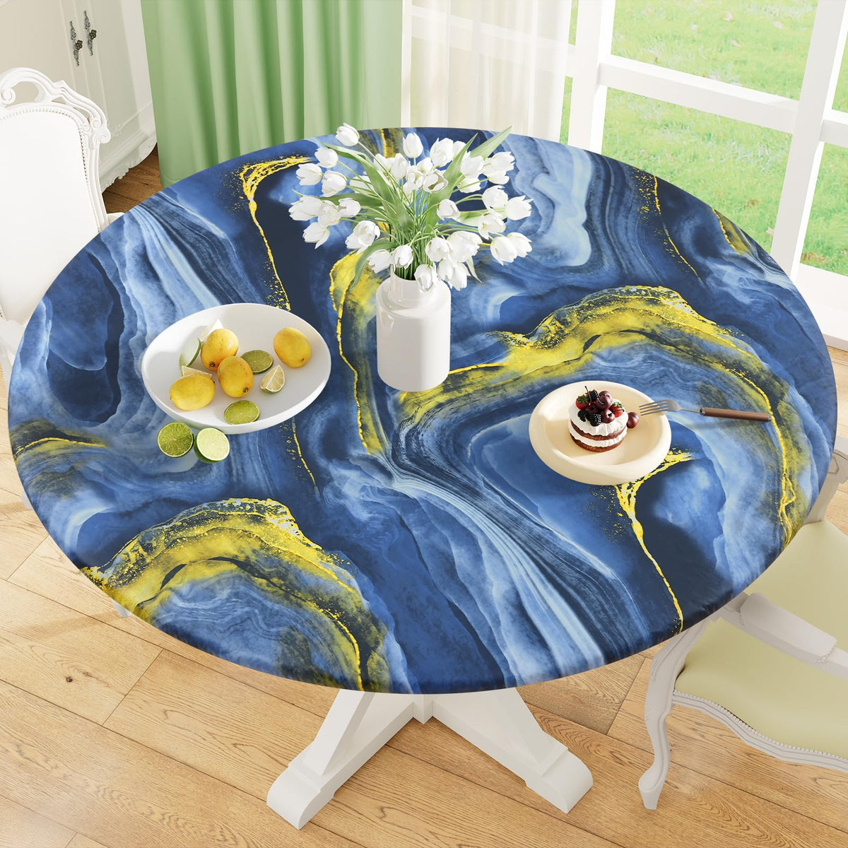 misaya Round Fitted Tablecloth with Elastic Edge, 100% Waterproof Oil Proof Plastic Table Cover, Vinyl Flannel Backed Tablecloth Fits 36"-44" Round Tables for Dinner, Outdoor, Picnic, Flowers