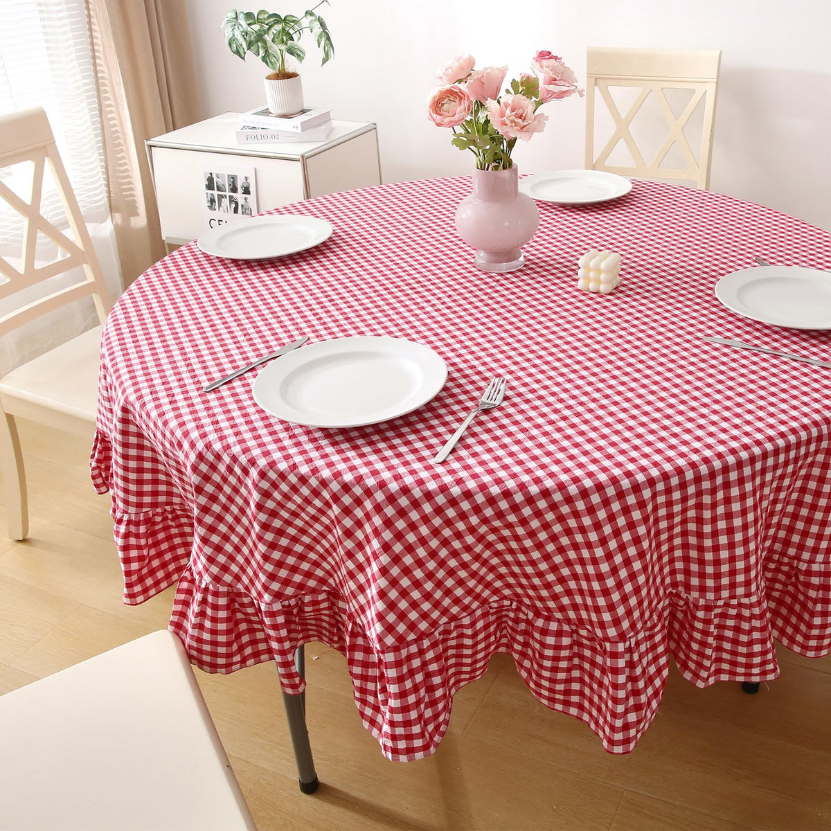 Blush White Gingham Ruffled Table Cloth Rectangular 120“x60”