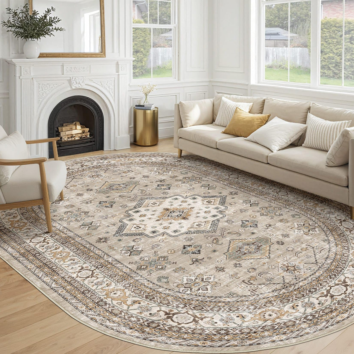 cotiled 5x7 Area Rug for Living Room, Washable, Traditional, Beige