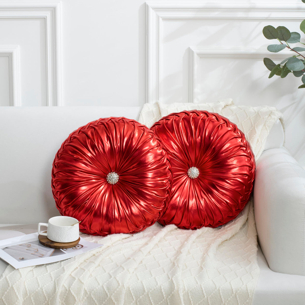 HIG Set of 2 Olive Velvet Decorative Round Pleated Throw Pillows