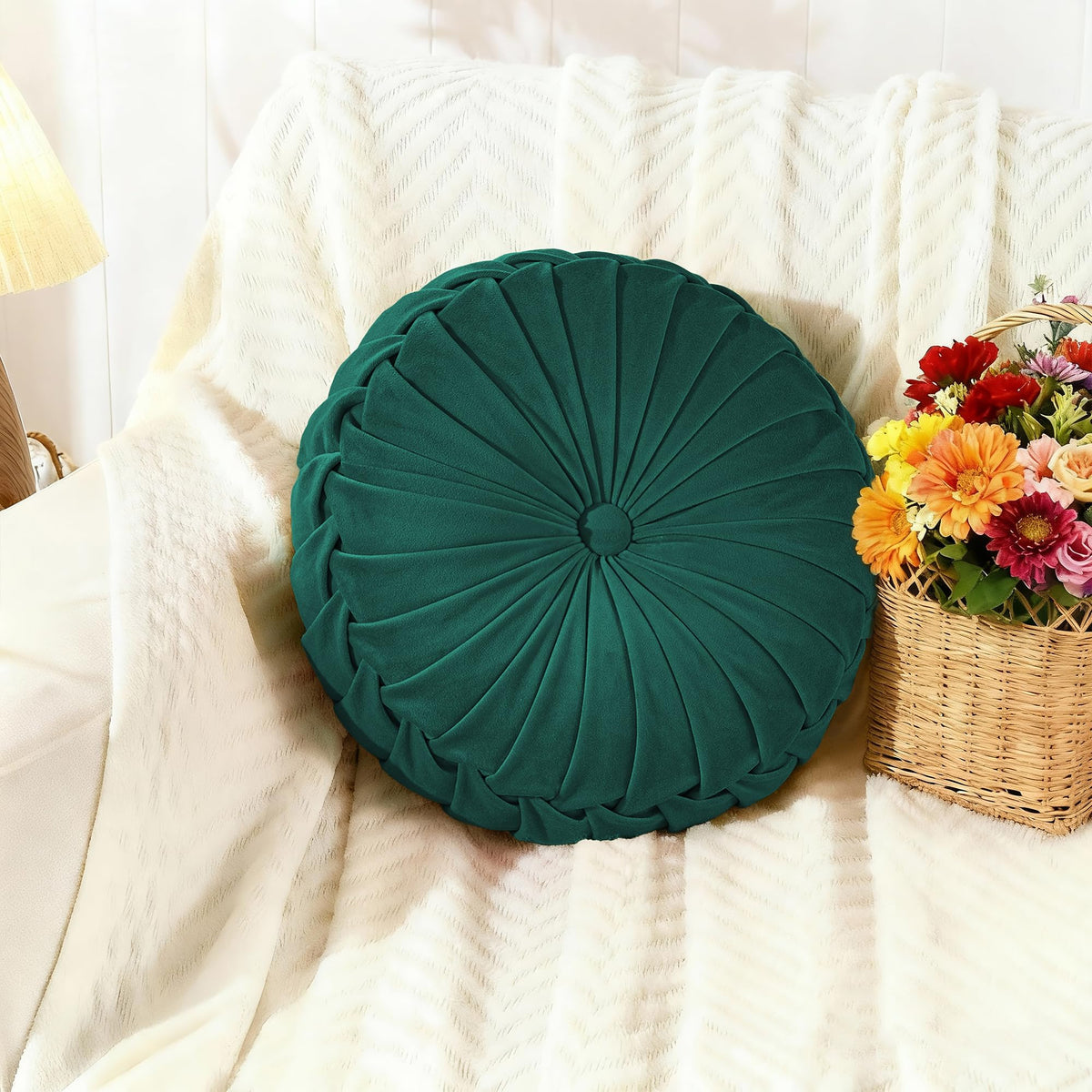 ROSE&RISY Round Pleated Velvet Throw Pillow, 1 Pack Decorative Accent Pumpkin Pillow Cushion for Couch Sofa Bed, Soft Plush Retro Vanity Throw Pillows for Home Decor, 14.5 Inch, Olive Green