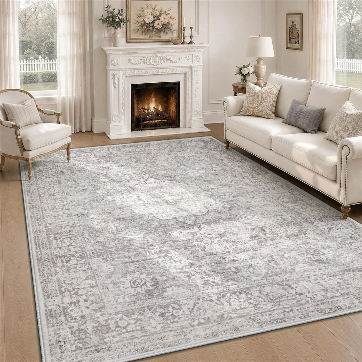 8x10 Area Rugs for Living Room: Washable Boho Vintage Floral Rug Large Soft Non-Slip Rugs Stain Resistant Low Pile Indoor Carpet for Bedroom Dining Room Nursery Home Office Beige