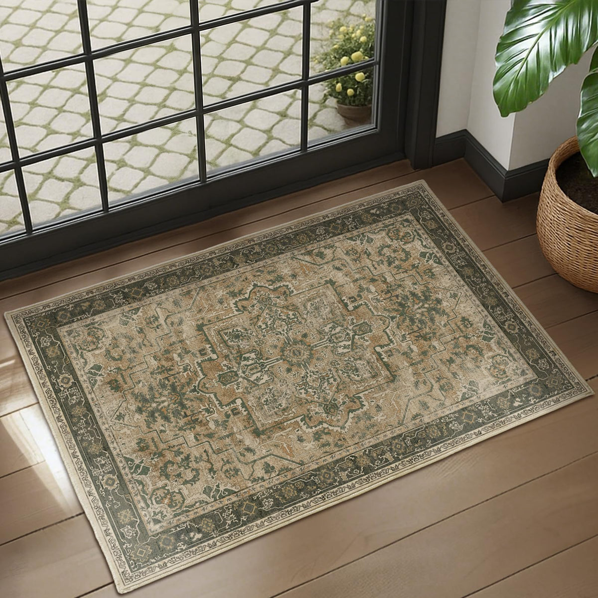 Vintage Dark Green Area Rugs 5x7 for Living Room, Tranditional Distressed Medallion Printed Low Pile Thin Rugs for Bedroom, Non Slip Washable Carpet Rugs for Dining Room/Kitchen/Home Office