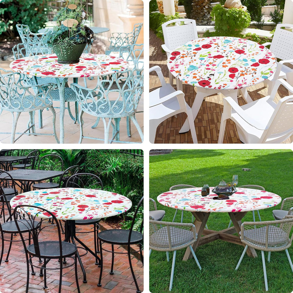 misaya Round Fitted Tablecloth with Elastic Edge, 100% Waterproof Oil Proof Plastic Table Cover, Vinyl Flannel Backed Tablecloth Fits 36"-44" Round Tables for Dinner, Outdoor, Picnic, Flowers