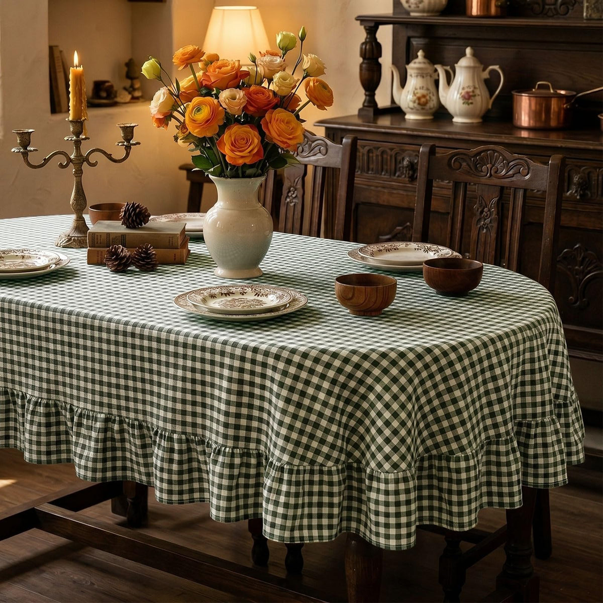Mindsoft Brown Ruffled Gingham Tablecloth, 52 x 70 Inches, Rectangle