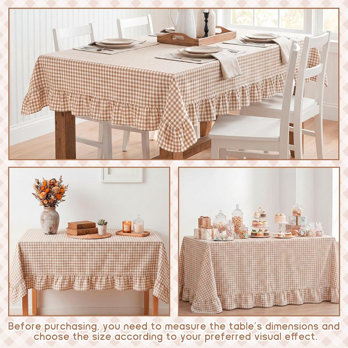 Mindsoft Brown Ruffled Gingham Tablecloth, 52 x 70 Inches, Rectangle