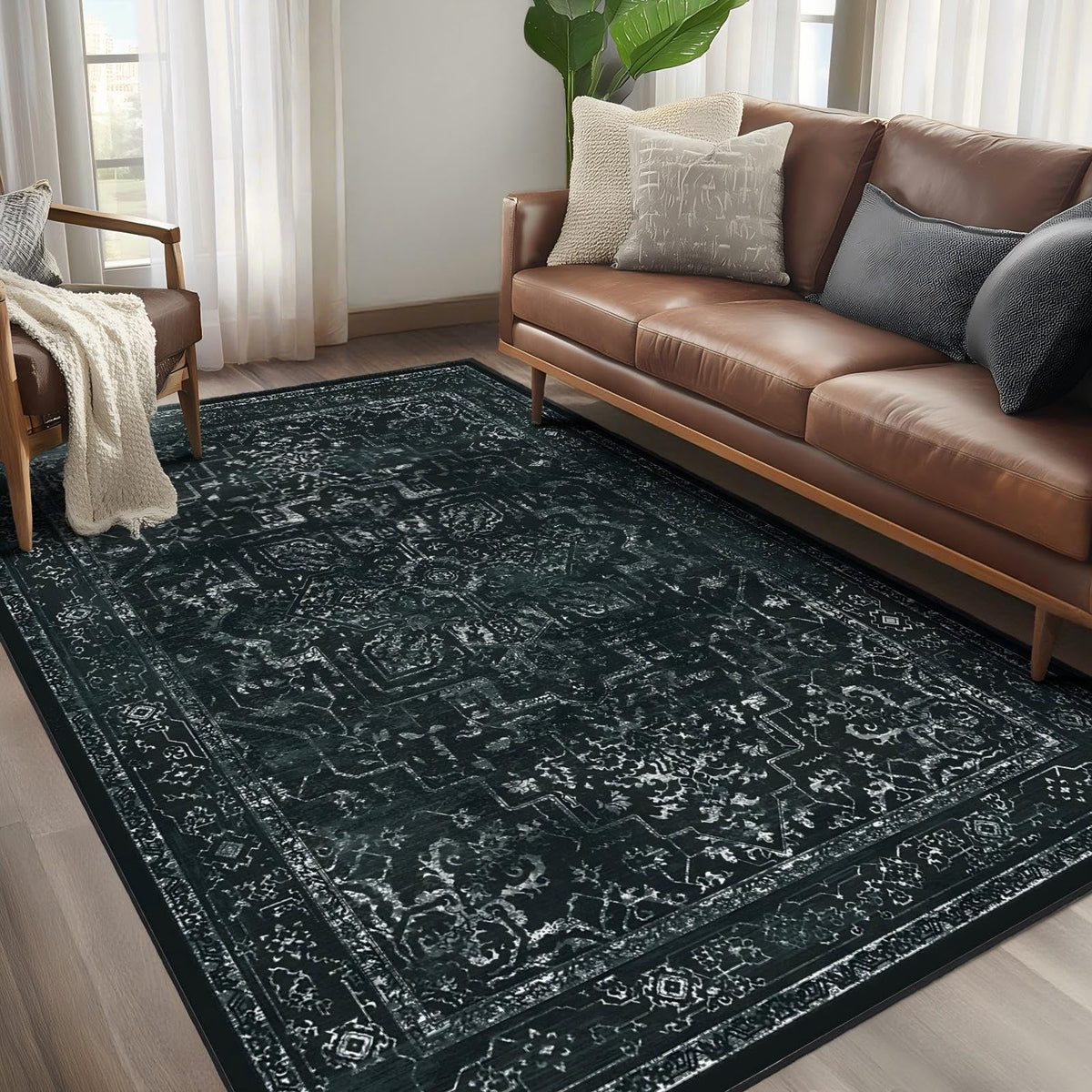 Vintage Dark Green Area Rugs 5x7 for Living Room, Tranditional Distressed Medallion Printed Low Pile Thin Rugs for Bedroom, Non Slip Washable Carpet Rugs for Dining Room/Kitchen/Home Office