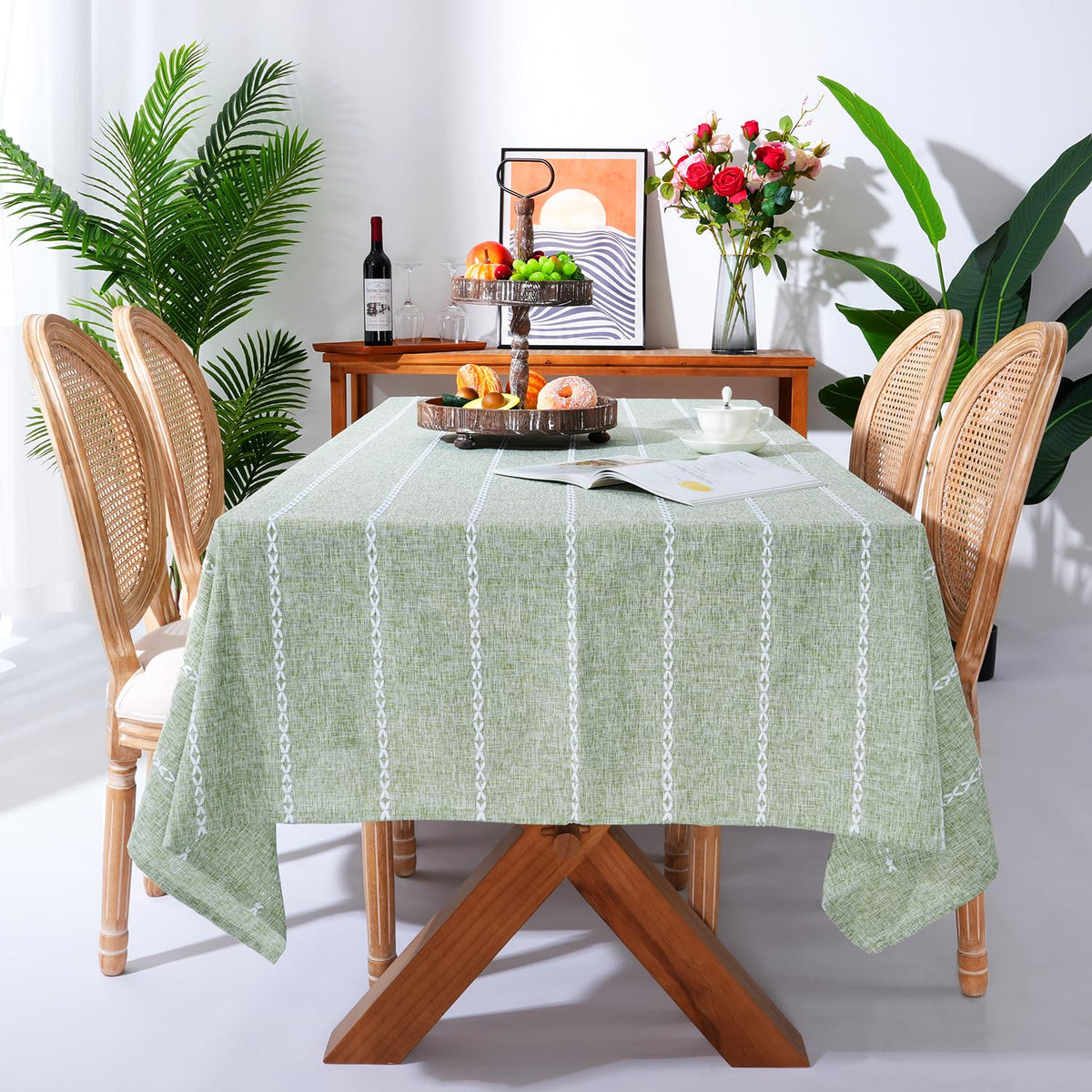 Chassic 60 x 84 inches Farmhouse Style Linen tablecloths, Wrinkle Resistant Washable Dining Room Table Cloths for Rectangle Tables - Hemstitch Light Coffee