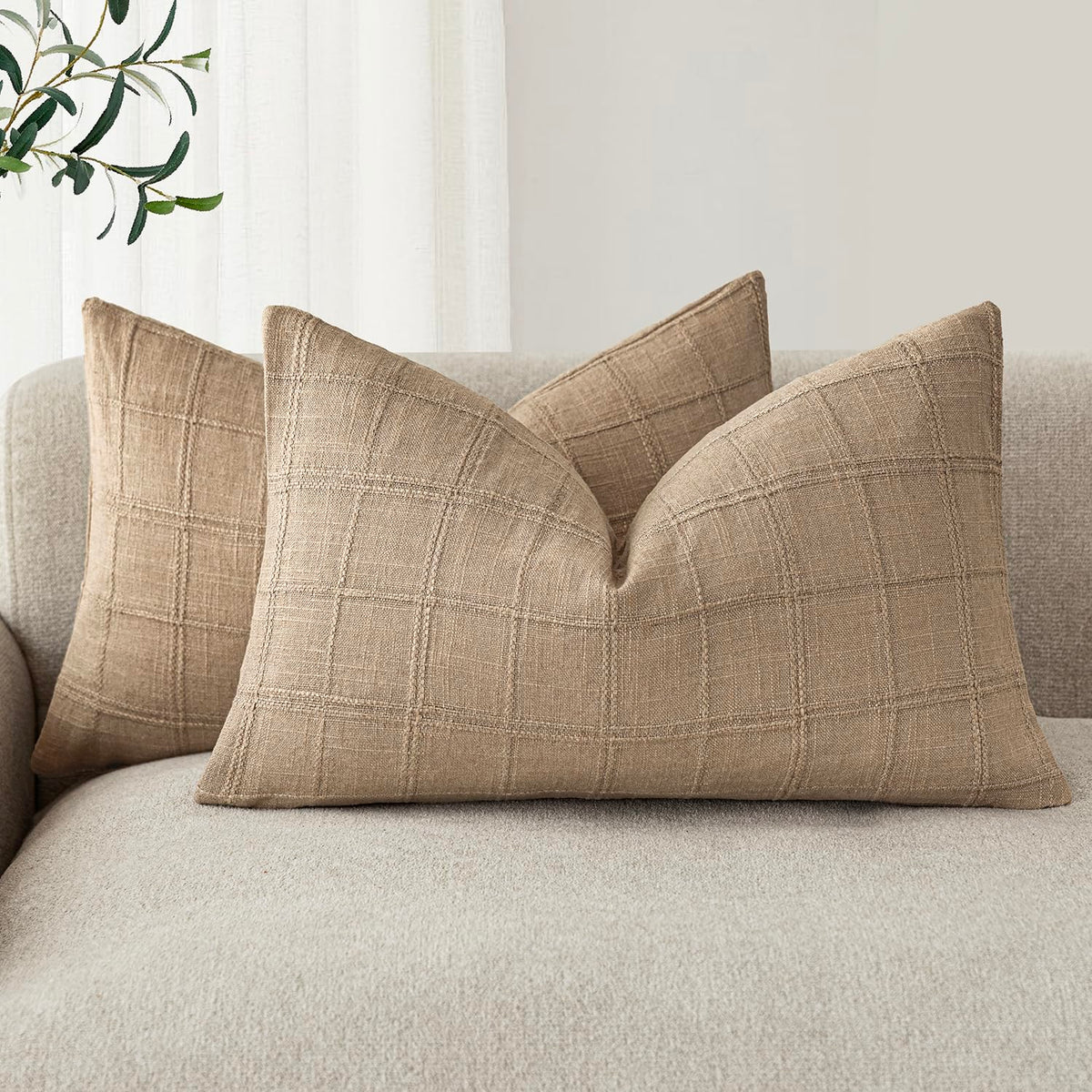 Foindtower Boho Linen Check Decorative Throw Pillow Cover 20×20 Olive Green