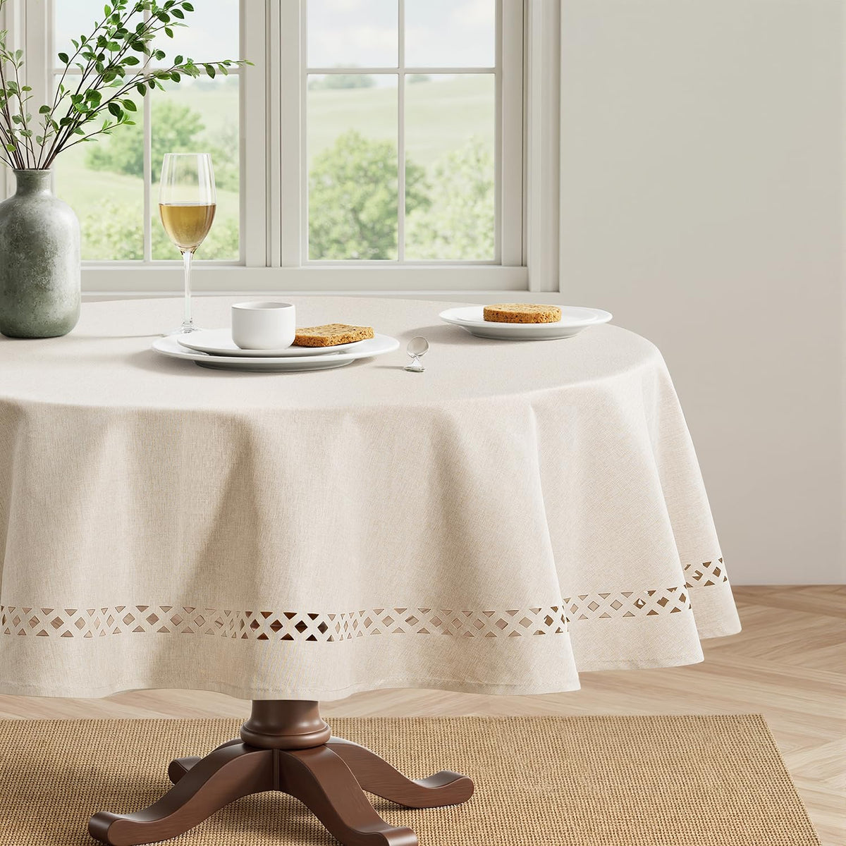 MIULEE Beige Rectangle Tablecloth with Decorative Cutouts 52x70 Inch