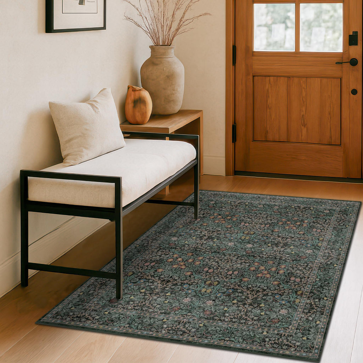 Vintage Floral Dark Green 3x5 Area Rugs for Entryway, Kitchen, Bedroom Beside Rug, Laundry Room, Non-Slip Low Pile Ultra Soft Stain Resistant Small Carpet