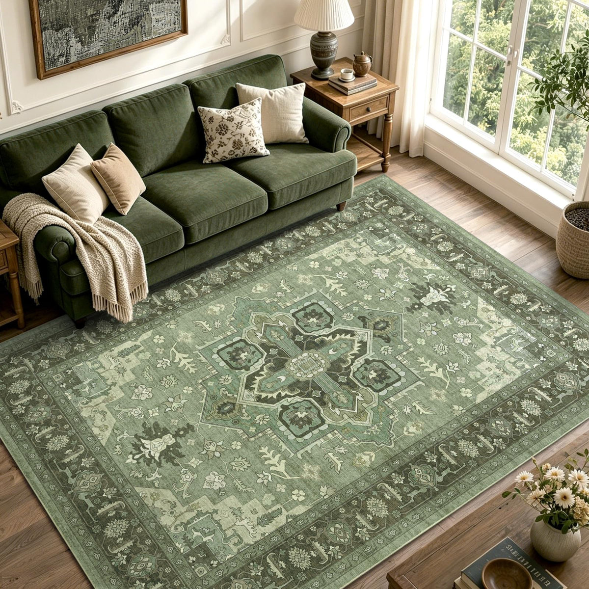 6x9 Ft Large Area Rugs for Living Room, Soft Non-Slip Machine Washable Rug, Vintage Stain Resistant Carpets for Bedroom Nursery Dining Room Home Decor (Beige)