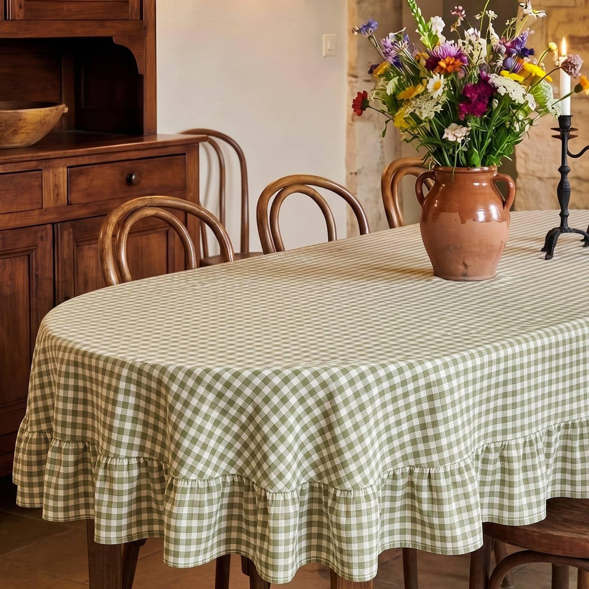 Mindsoft Brown Ruffled Gingham Tablecloth, 52 x 70 Inches, Rectangle