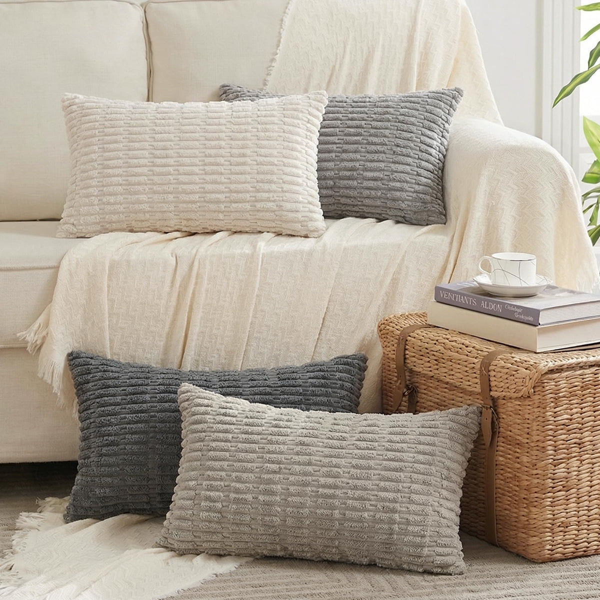 Fancy Homi 4 Packs Decorative Throw Pillow Covers for Living Room Couch Bed, Modern Farmhouse Boho Home Décor Accent Cushion Case, 18" x 18", Neutral