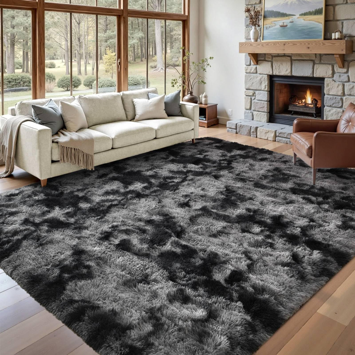 5x7 Black Area Rugs for Living Room, Large Fluffy Shag Bedroom Rugs Non-Slip, Ultra Soft Plush Carpet for Nursery Kids PlayRoom Dorm Office Indoor Modern Carpets