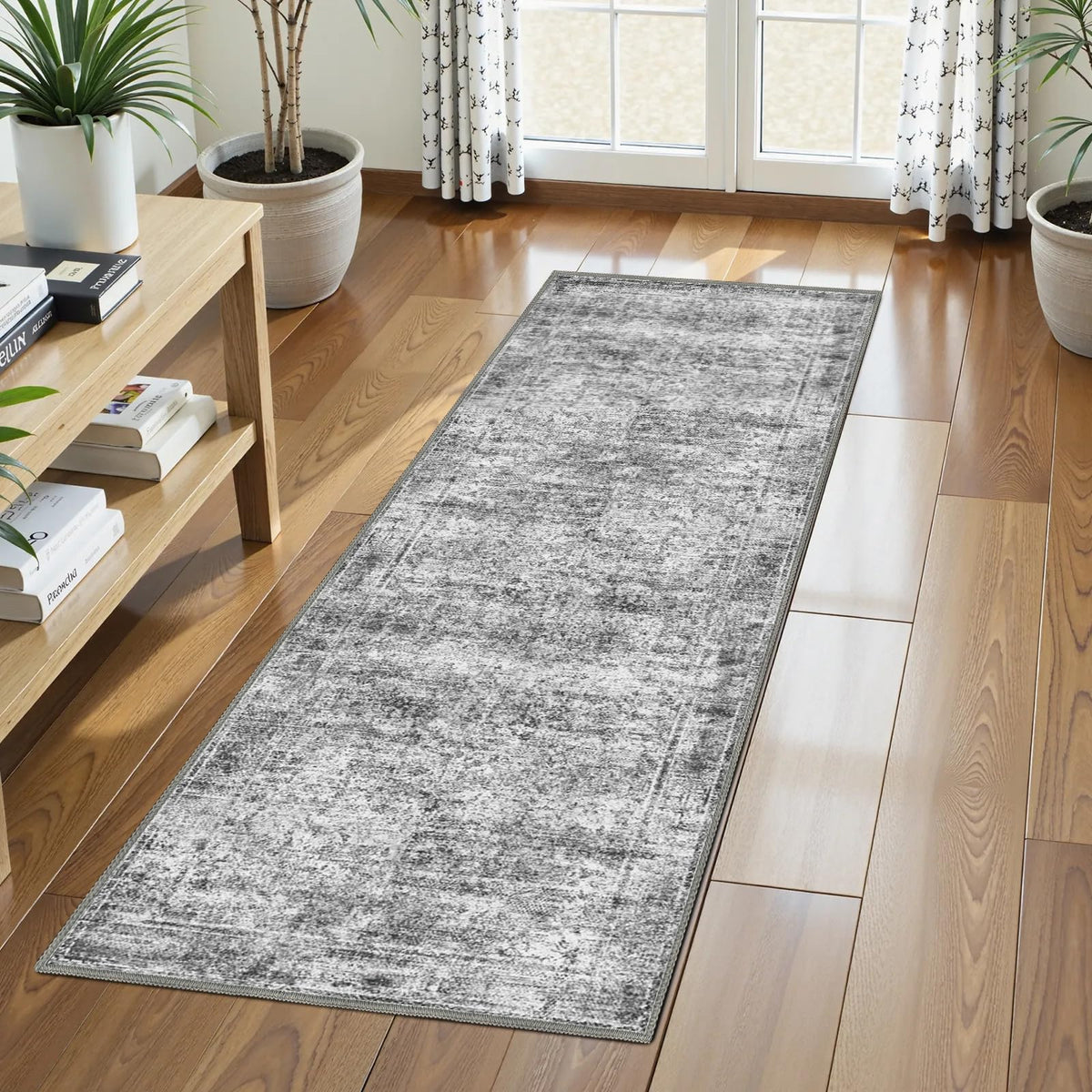 Washable Area Rug 5' x 7' Vintage Traditional Persian Mat - Foldable Distressed Non-Slip Machine Washable Carpet for Living Room Bedroom Kitchen Home Decor - Graphite and Mist