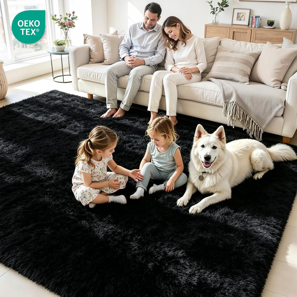 8x10 Fluffy Area Rug for Living Room: Soft Non-Slip Black Bedroom Carpet