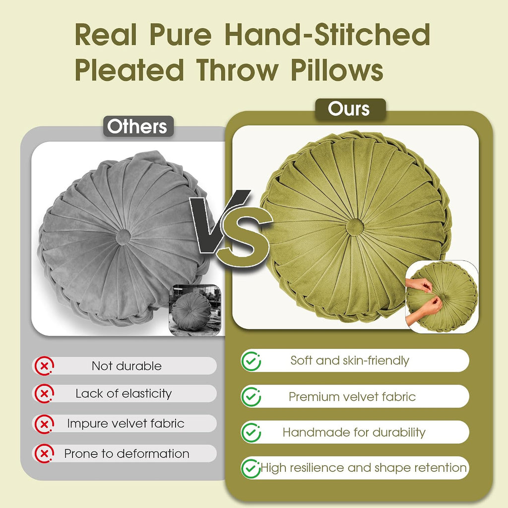 ROSE&RISY Round Pleated Velvet Throw Pillow, 1 Pack Decorative Accent Pumpkin Pillow Cushion for Couch Sofa Bed, Soft Plush Retro Vanity Throw Pillows for Home Decor, 14.5 Inch, Olive Green