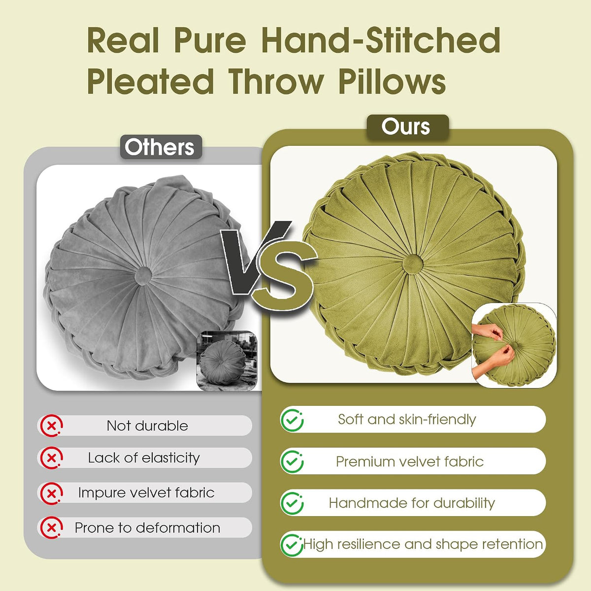 ROSE&RISY Round Pleated Velvet Throw Pillow, 1 Pack Decorative Accent Pumpkin Pillow Cushion for Couch Sofa Bed, Soft Plush Retro Vanity Throw Pillows for Home Decor, 14.5 Inch, Olive Green