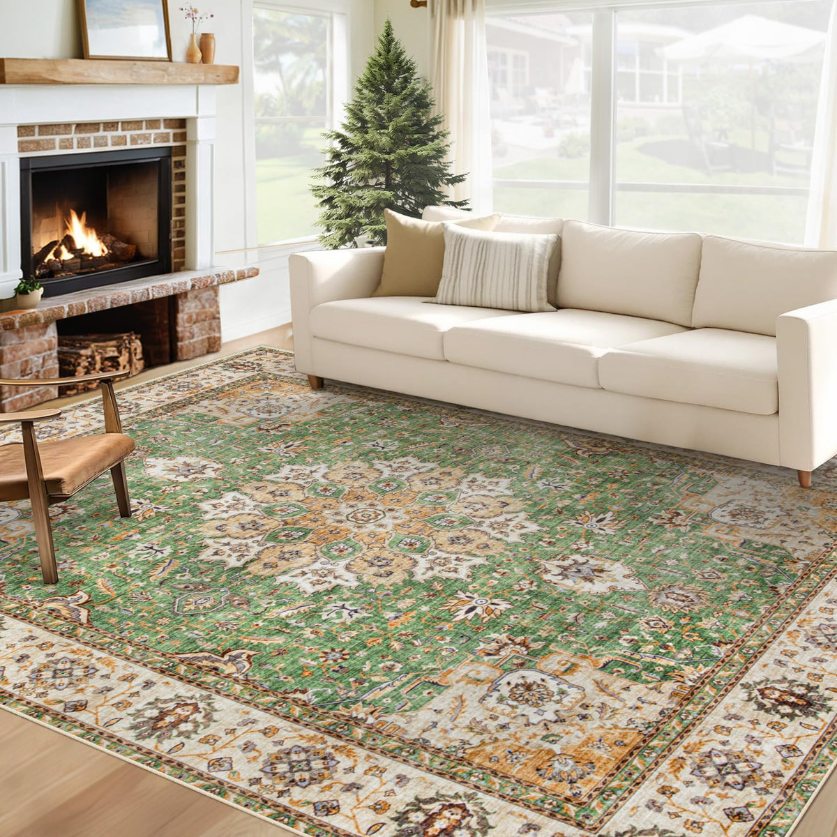 Area Rug 8x10 Washable Rug, Vintage Boho Medallion Rugs Non-Slip Soft Low Pile Large Distressed Rug Indoor Retro Carpet for Living Room Bedroom Dining Room Office Children's Room(Beige, 8'x10')