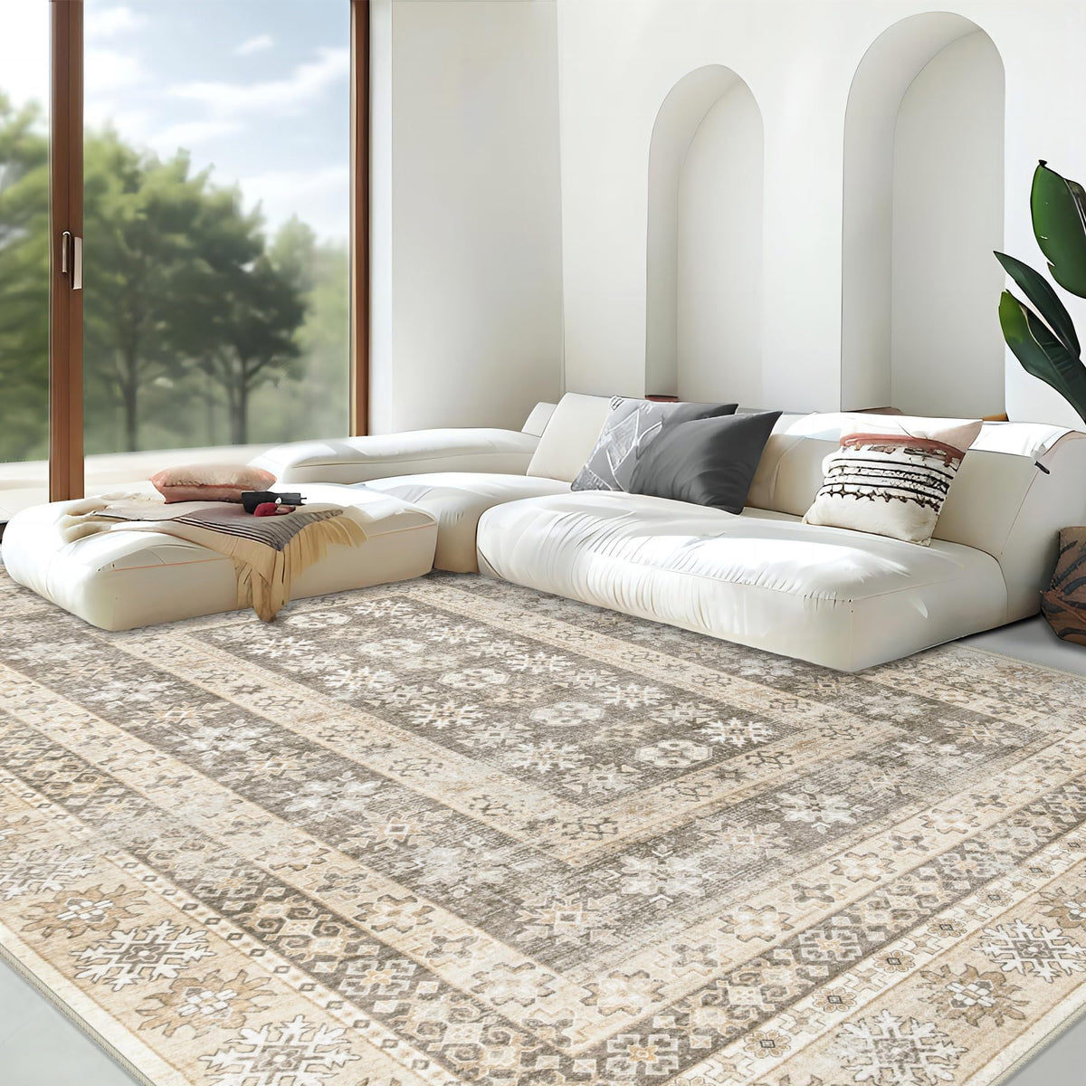 Area Rug for Living Room 6x9: Large Washable Boho Moroccan Rugs Geometric Neutral Rug, Non-Slip Foldable Morden Farmhouse Indoor Floor Carpet for Bedroom Dining Table Home(Brown Green,6'x9')