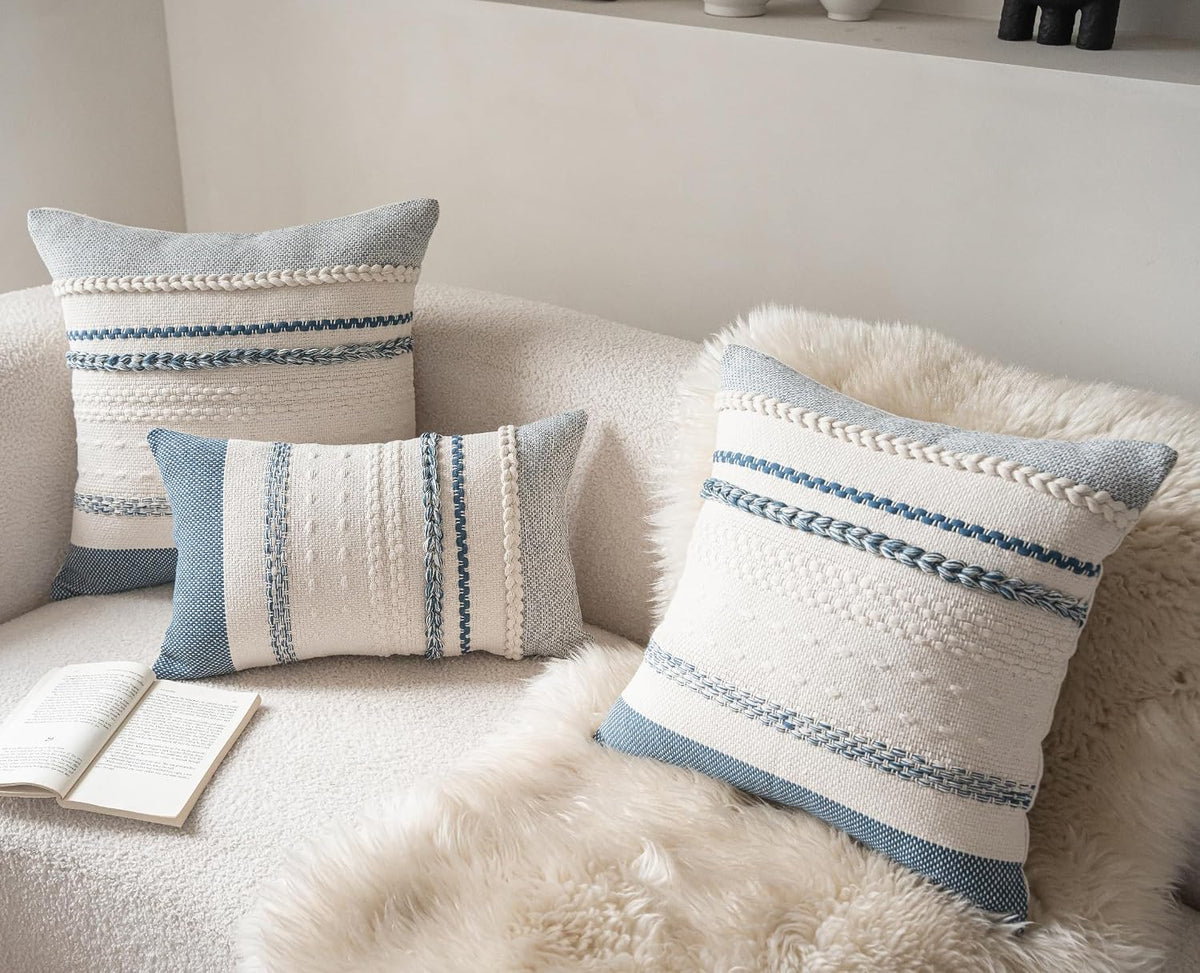 Cethom Boho Throw Pillow Covers 18x18 Inch Set of 2, Blue Textured Decorative Couch Pillow Cases for Farmhouse Home Decor, Accent Cushion Cover for Sofa, Bed, Living Room, Bedroom