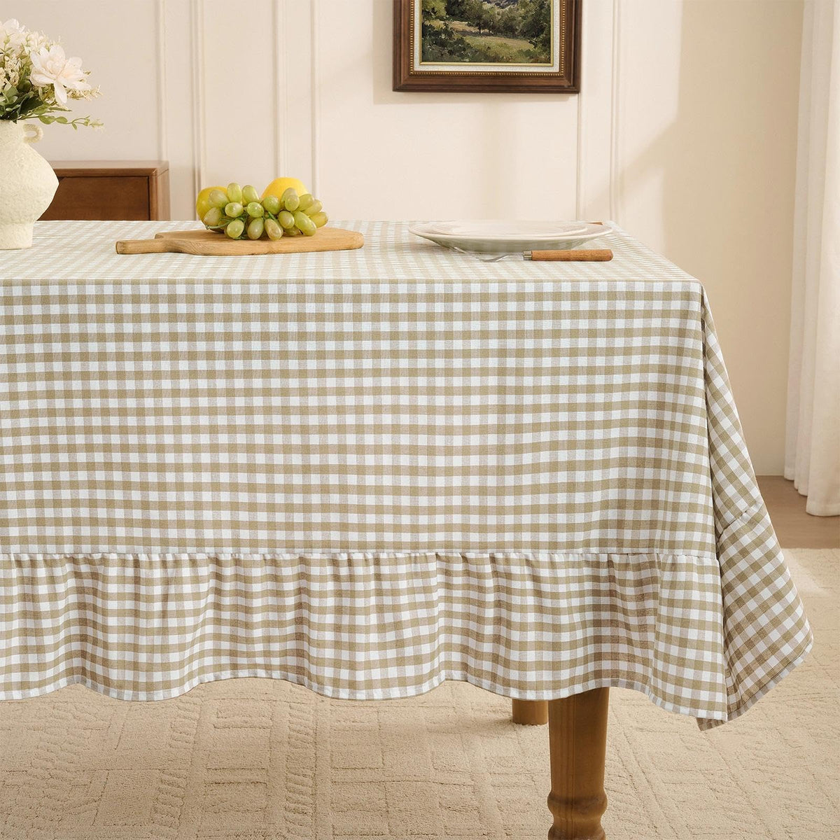Romanstile Gingham Ruffled Tablecloth Rectangle, 60 x 84 Inch, Sage Green