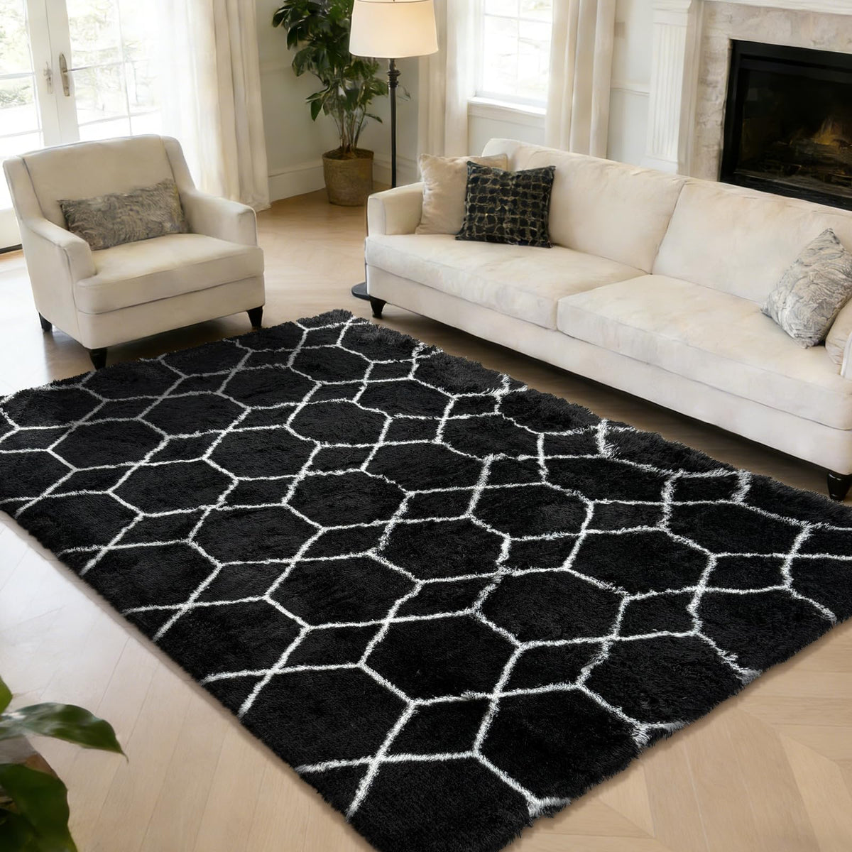 6x9 Black Fluffy Area Rug for Living Room,Large Shag Area Rugs for Bedroom