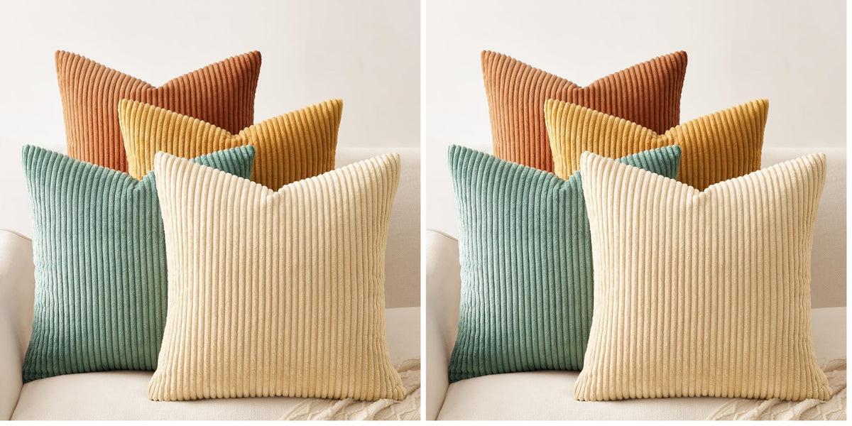 Topfinel Fall Burnt Orange Decorative Throw Pillows Covers 18x18 Inch Set of 4,Yellow Green Gradient Series Corduroy Striped Square Pillow Case,Western Modern Cushion Cover for Couch Sofa Bedroom
