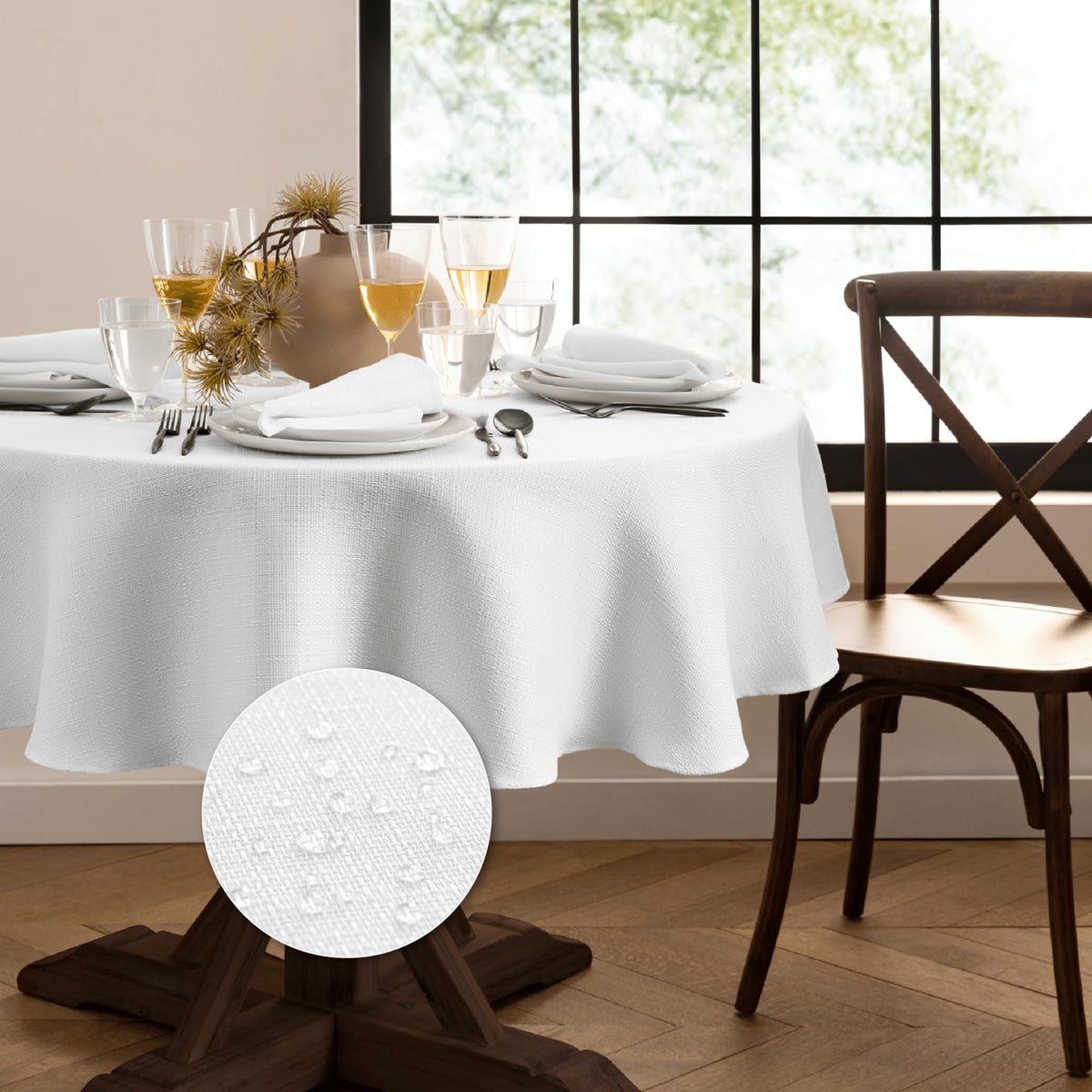 Elrene Home Fashions Laurel Solid Texture Water and Stain Resistant Tablecloth, 90" Round, Gray
