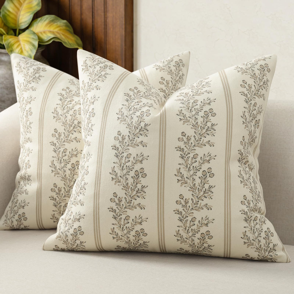 Vintage Throw Pillow Covers 18x18 Set of 2, Striped Floral Pillow Cover Botanical Patterned Decorative Cushion Covers Modern Farmhouse Home Decor for Sofa Couch Bed Living Room, Light Blue