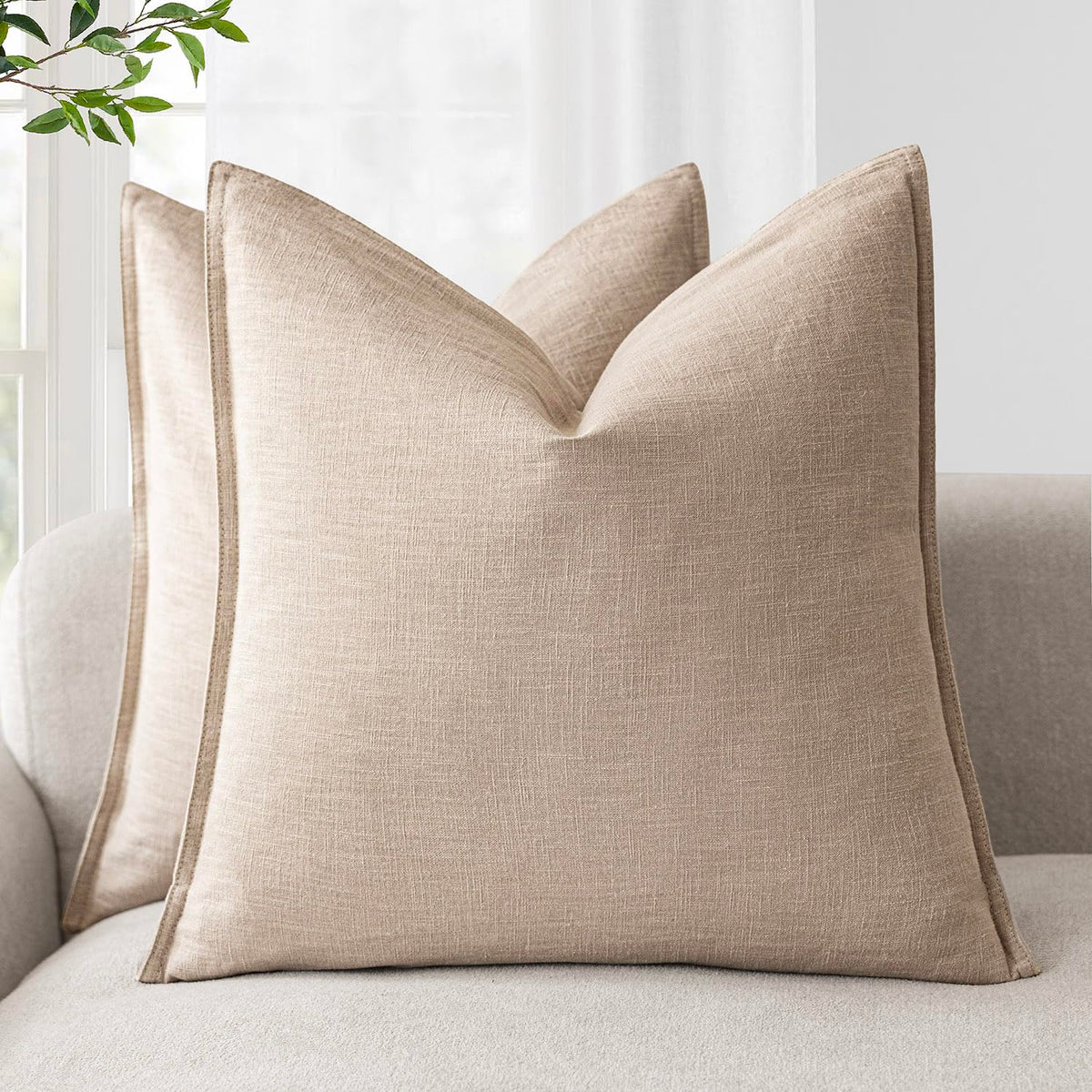 Foindtower Linen Solid Decorative Throw Pillow Covers 18x18 Natural Beige