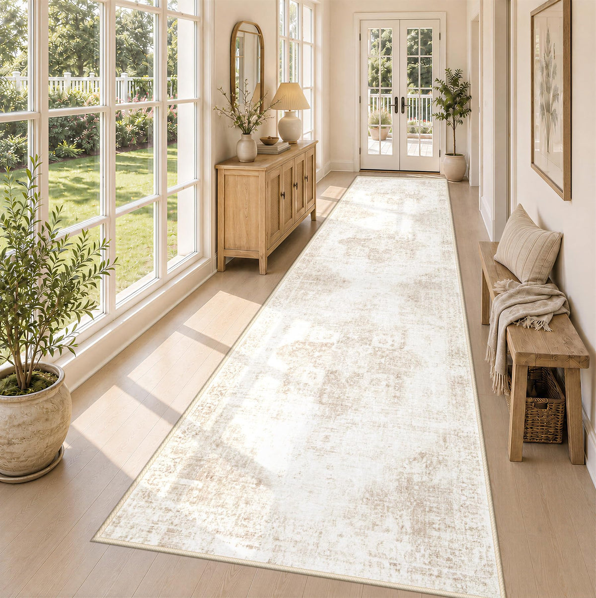 Area Rug 8x10 Washable Rug, Vintage Boho Medallion Rugs Non-Slip Soft Low Pile Large Distressed Rug Indoor Retro Carpet for Living Room Bedroom Dining Room Office Children's Room(Beige, 8'x10')