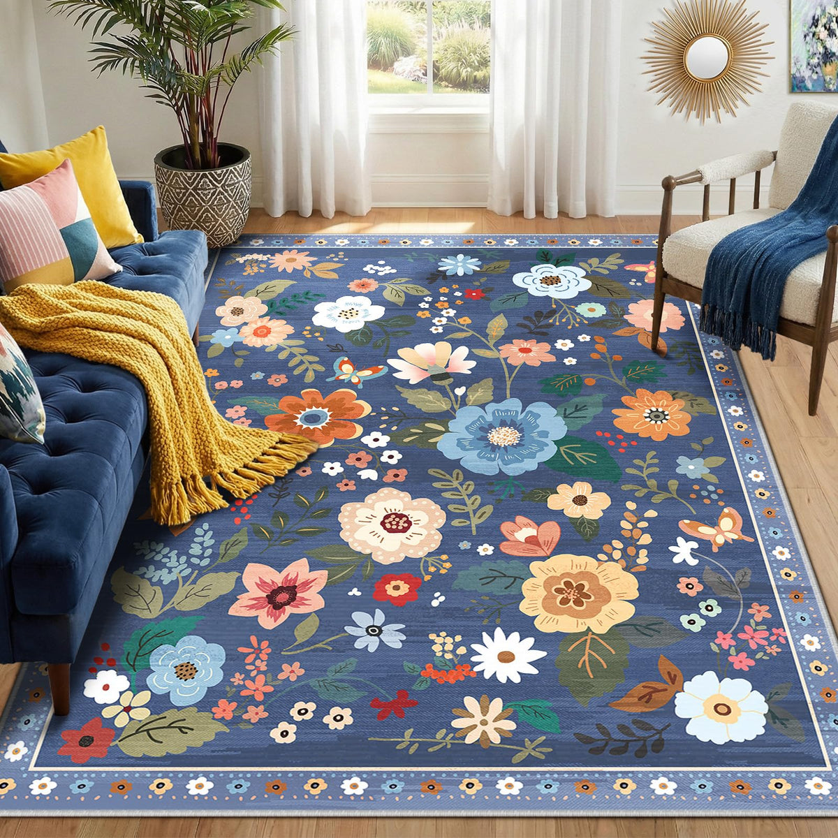 RELEANY Floral Washable 5x7 Area Rugs Black