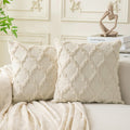 Set of 2 Soft Moroccan Throw Pillow Covers 18x18 Inch Plush Boho Decorative Pillow Cover Accent Cushion Case for Couch Sofa Bed, Beige