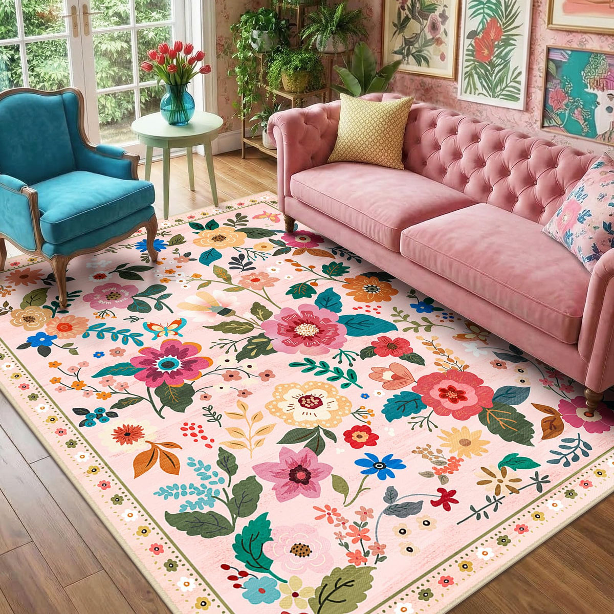 RELEANY Floral Washable 5x7 Area Rugs Black
