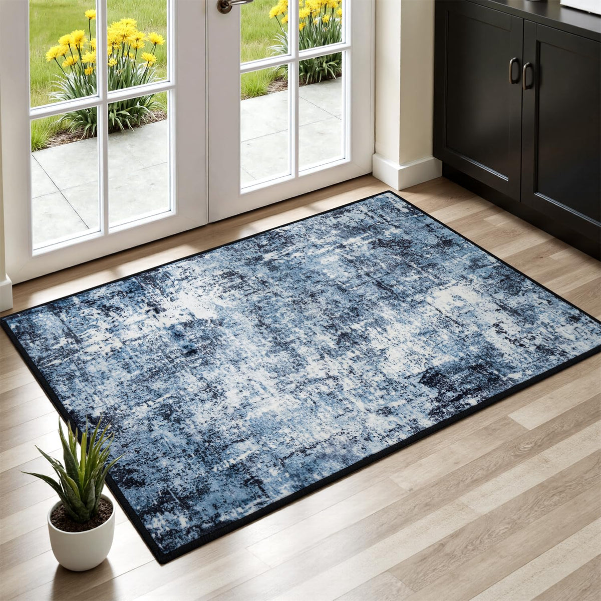 Rugflix 8x10 Area Rugs for Living Room, Washable Large Rug Stain-Resistant Low Pile, Modern Dark Carpet for Dining Room Home Office Kid Room Nursery Bedroom, Navy Blue/Black