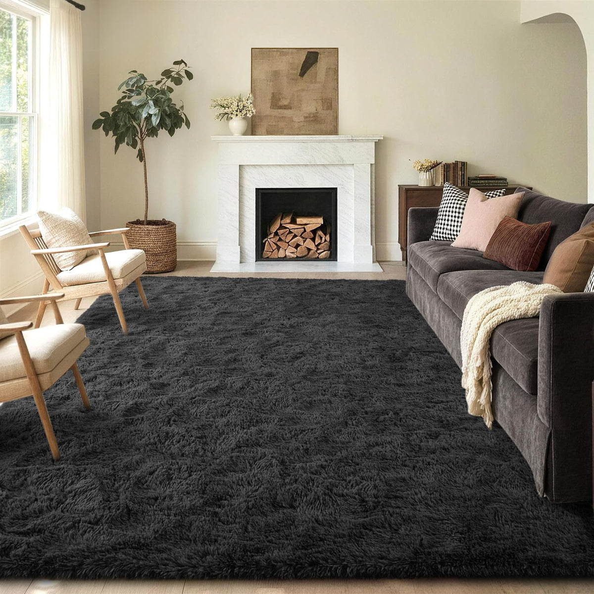 5x8 Area Rugs For Living Room Fluffy Black Rug For Bedroom (Black)