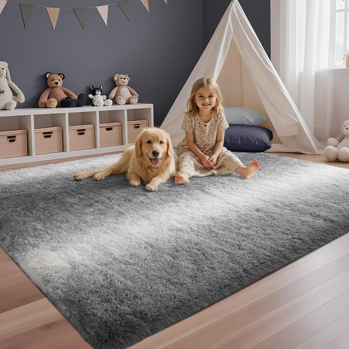 5x7 Black Area Rugs for Living Room, Large Fluffy Shag Bedroom Rugs Non-Slip, Ultra Soft Plush Carpet for Nursery Kids PlayRoom Dorm Office Indoor Modern Carpets