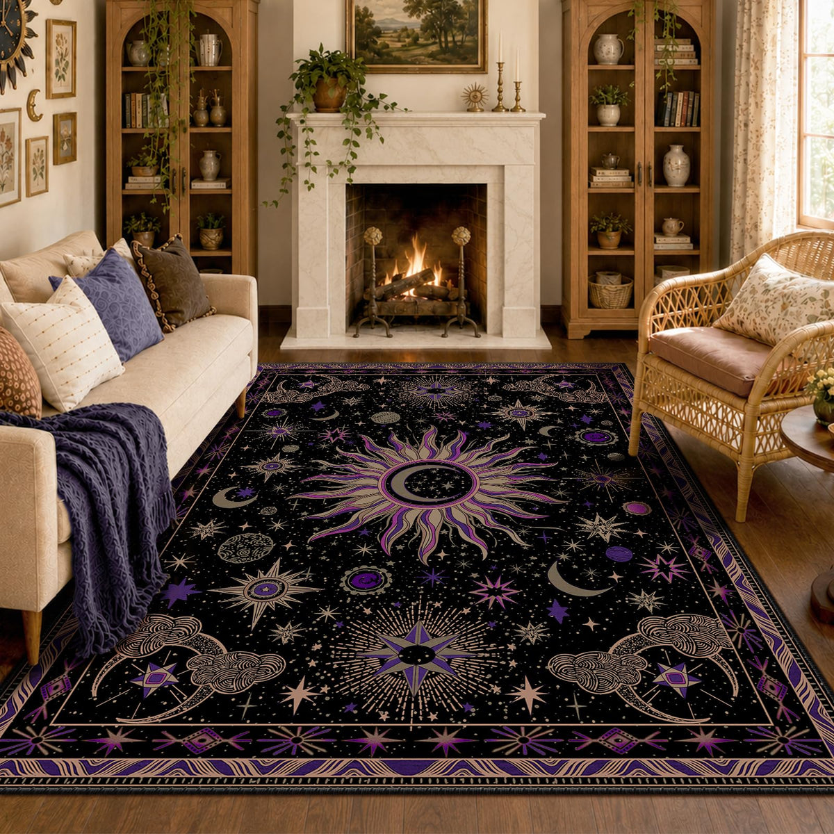 Vacuum-Friendly, 5x7 Washable Area Rug, Black Gold Beige Red