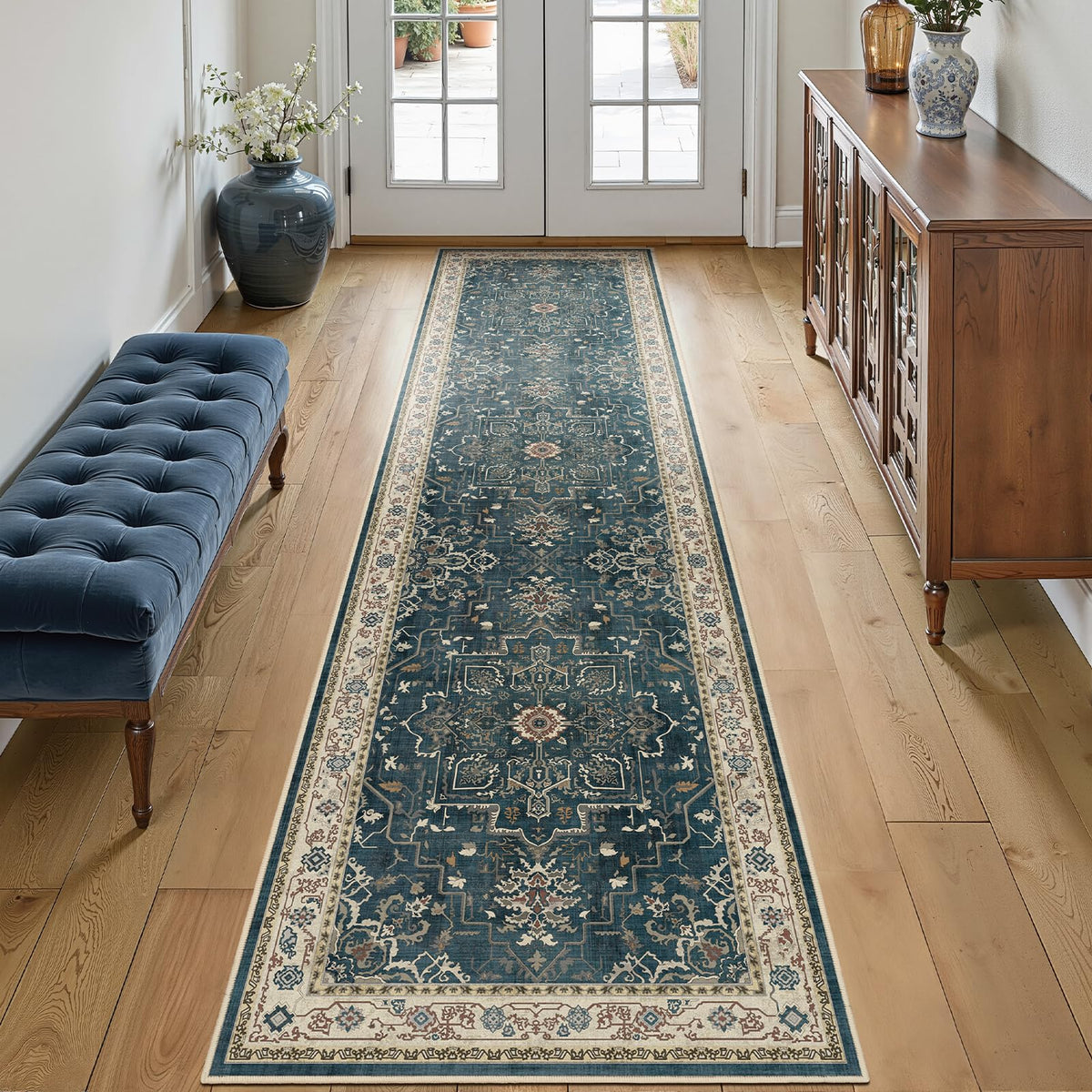 Vintage Dark Green Area Rugs 5x7 for Living Room, Tranditional Distressed Medallion Printed Low Pile Thin Rugs for Bedroom, Non Slip Washable Carpet Rugs for Dining Room/Kitchen/Home Office