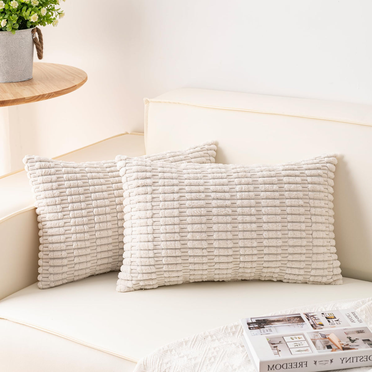 Pack of 2 Corduroy Decorative Throw Pillow Covers 18x18 Inch, Cream White