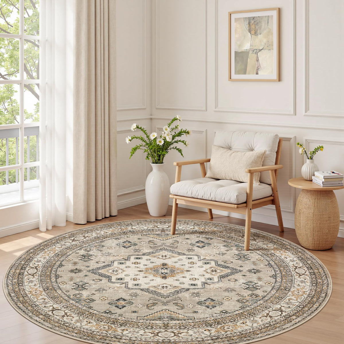 cotiled 5x7 Area Rug for Living Room, Washable, Traditional, Beige